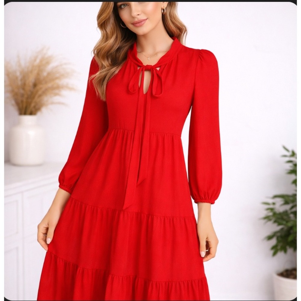 STS Sail to Sable Maxi Dress Women XXS Red‎ Tie Neck Tiered Long Sleeve Cruise